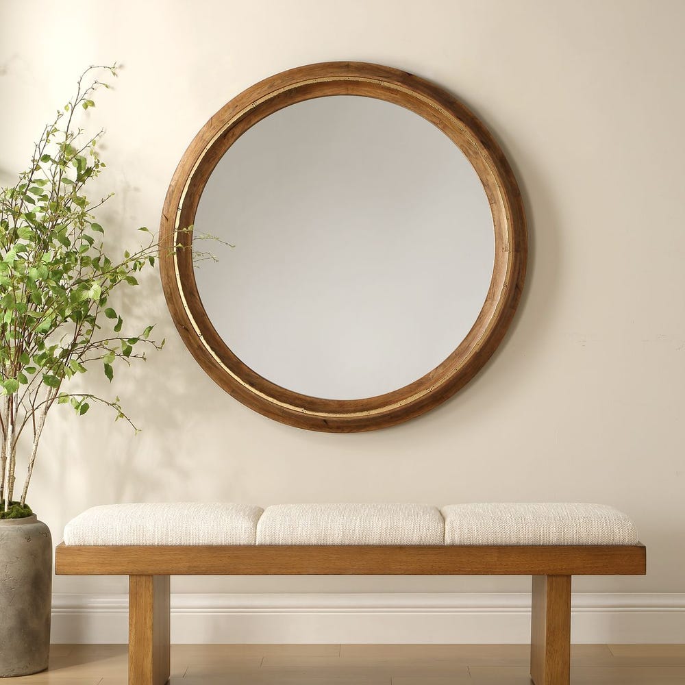 Solid Wood Round Mirror with Antique Gold Detail