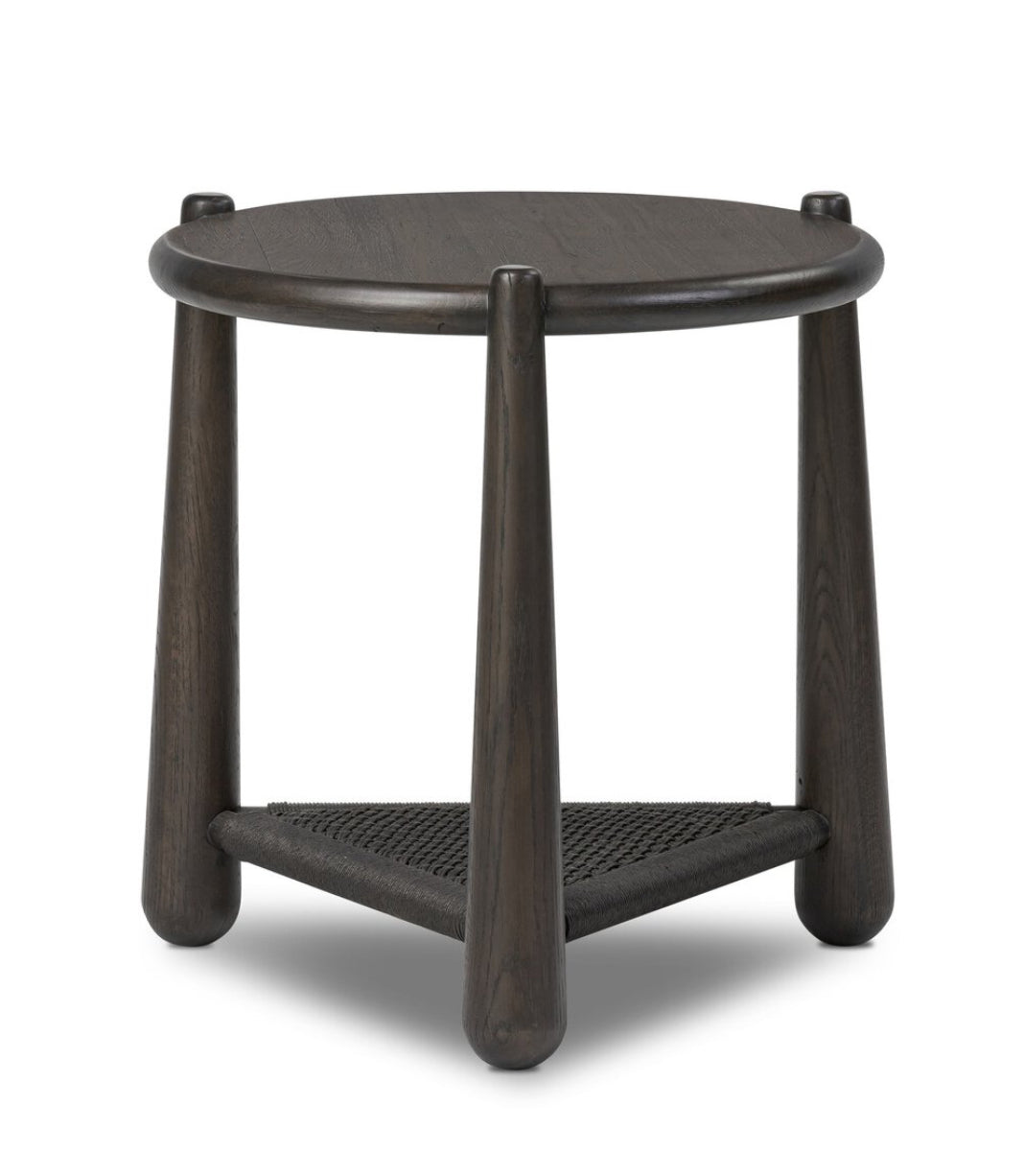Round Two-Tier Side Table | Oak & Woven Storage Accent