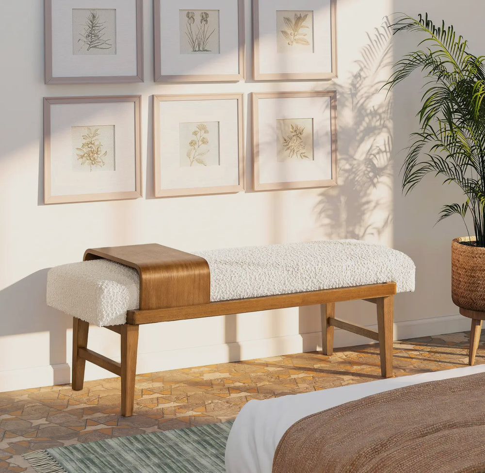 Modern Boucle Bench with sliding shelf
