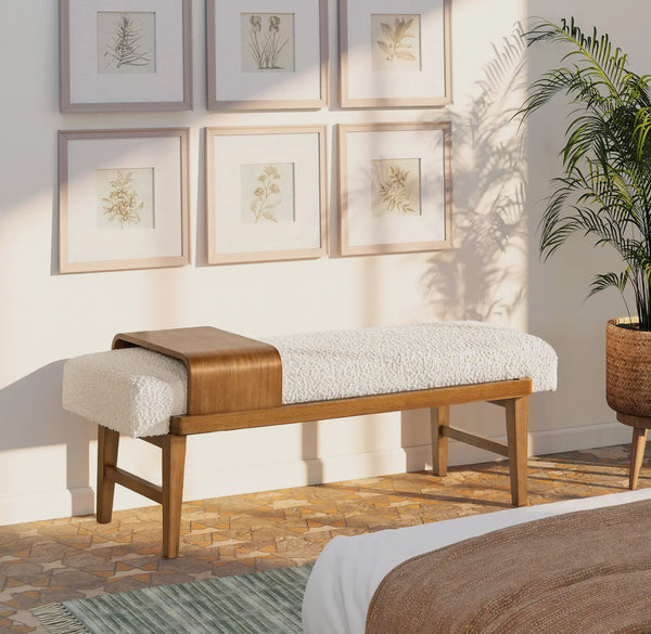 Modern Boucle Bench with sliding shelf