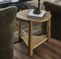 Round Two-Tier Side Table | Oak & Woven Storage Accent