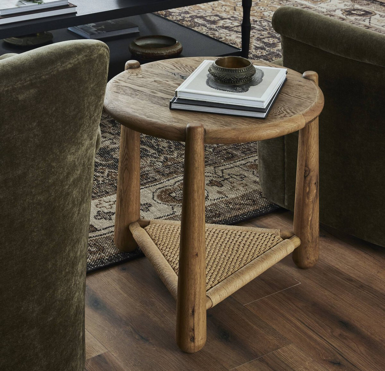 Round Two-Tier Side Table | Oak & Woven Storage Accent