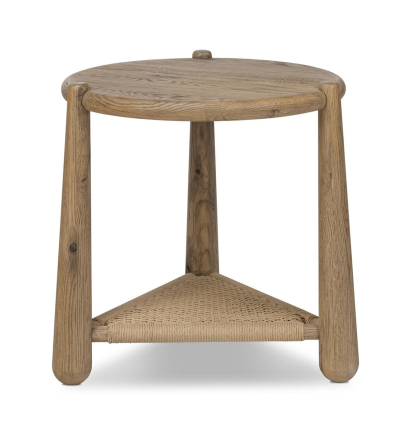 Round Two-Tier Side Table | Oak & Woven Storage Accent
